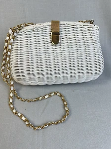 Borsa a mano bianca Wicker catena oro chiusura cinturino retrò tessuto Cottagecore - Foto 1 di 11