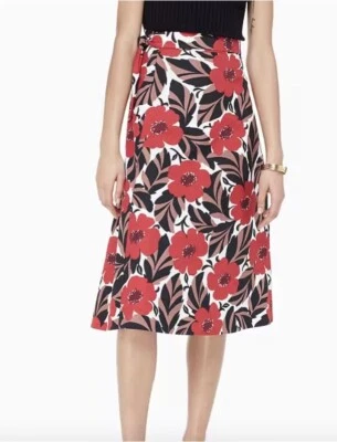 Saia Kate Spade Poppy Field Wrap Lingonberry vermelha floral mistura de linho UK6 - Imagem 1 de 4