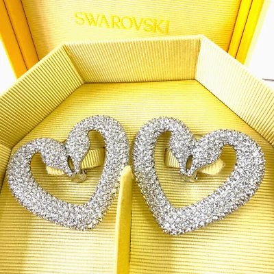 Swarovski Heart Earrings Clip On Large Sublima White Rhodium Silver Swan Hearts - Image 1 of 4