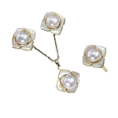 SET Pendiente Perla Blanca Natural 8.5mm Chapado en Oro 14K Plata 925 Foto 1 de 3