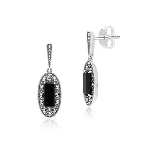 Art Déco Stile Ovale Onice E Marcasite Orecchini a Goccia IN Argento Sterling - Foto 1 di 4