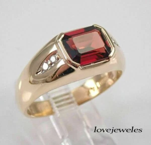 Men's Wedding Ring 3CT Emerald Cut Lab-Created Red Ruby 14k Yellow Gold Over - Picture 1 of 7