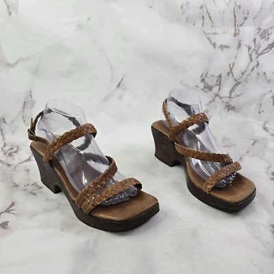Tacones Vintage Años 90 Y2K Mujer 9.5 M Cuero Marrón Trenzado Punta Cuadrada Madera Zapato  Foto 1 de 4