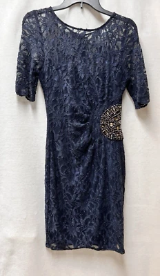 Vestido XSCAPE Azul Marino Floral Encaje Brillante Cuentas Forrado Manga 3/4 Mujer Talla 8 Foto 1 de 4