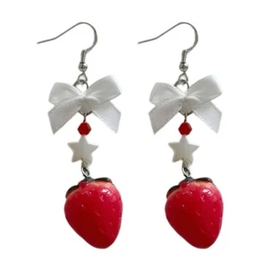 Handmade Bowknot Strawberry Earrings Unique and Stylish Fruit Dangle Ear Rings - Picture 1 of 8