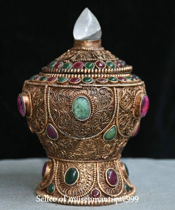 Tarro tarro olla de ofrenda templo religión filigrana cristal del Tíbet antiguo de 5,2" Foto 1 de 4