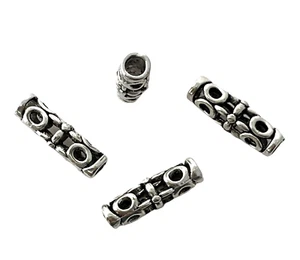 10 Hollow Tube Beads Silver 18x7mm Cylinder Column Tube Flower Steel 3mm Hole - Picture 1 of 2