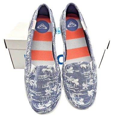 Sz 7.5 Roxy Slip-On Shoes Women Blue Palm Trees Peach Striped Summer - Image 1 of 4