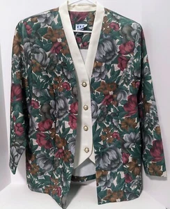 Vintage Women's CUE Fashions Vest Jacket Combo Green Floral Print USA Made - Picture 1 of 4