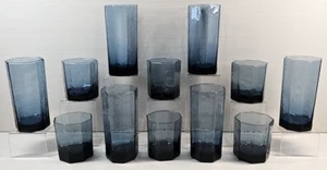 12 Pc Libbey Facets Cobalt Cooler Old Fashioned Set Vintage Textured Tumbler Lot - Picture 1 of 24