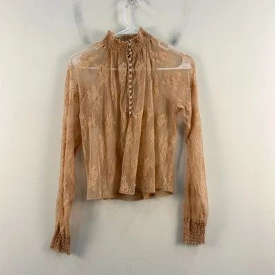 Forever 21 女式小号衬衫上衣粉色花卉蕾丝透明 1/2 纽扣模拟 21280 — 第 1/4 张图片