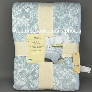 Artelier Nicole Miller Cotton Linen Vintage Washed 3pc FULL/QUEEN Quilt Set BLUE - Picture 1 of 8