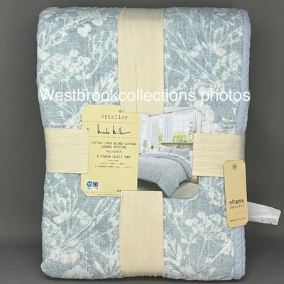 Artelier Nicole Miller Cotton Linen Vintage Washed 3pc FULL/QUEEN Quilt Set BLUE - Image 1 of 4