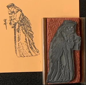 Vintage Rubber Stamp Medieval Woman Holding Rose (Read) - Picture 1 of 3