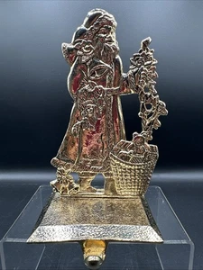 Stocking Holder / Hanger Santa with Basket of Toys 6" Enesco Gold Tone - Picture 1 of 6