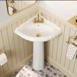 Triangular Corner Pedestal Bathroom Sink in White4” - Picture 1 of 6