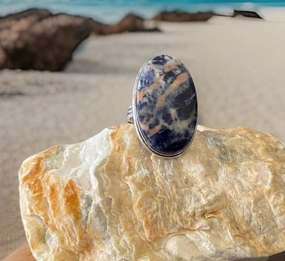 Size 8.5 Sodalite Handcrafted Gemstone Ring -Sterling Silver 925 plated - New ! - Image 1 of 4