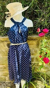 Hobbs Silk Navy Blue Occasion A line  F Dress Polka Dot Spot 14  - Picture 1 of 13