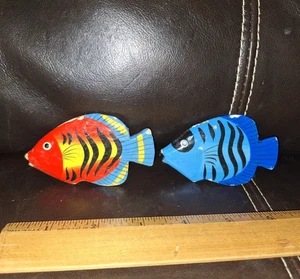 Vintage Pair of 1990s Handpainted Wooden Fish Ornaments-Tree, Mobile Red/Blue - Picture 1 of 1