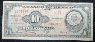Billete Mexicano El Banco de México 1961 10 Pesos Serie LG Hermoso billete.  Foto 1 de 2