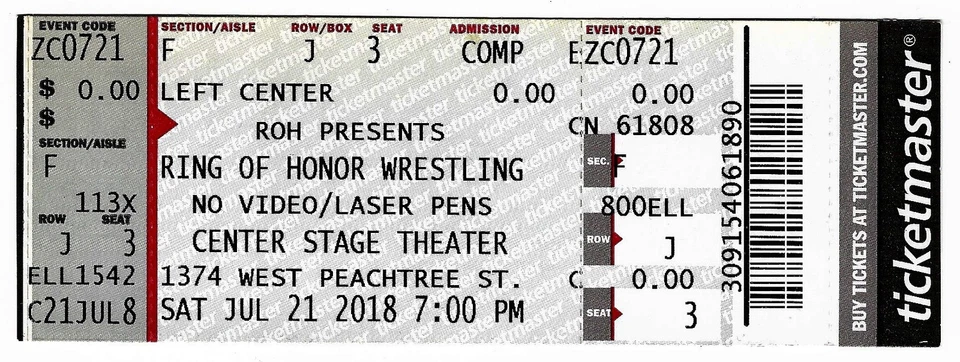 ROH Ring of Honor Wrestling 21/07/18 Atlanta GA Center Stage ¡Boleto raro! Foto 1 de 1