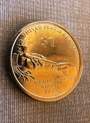 Sacagawea One Dollar Coin US Liberty Wampanoag Treaty 1621 No Mint No Date - Image 1 of 4