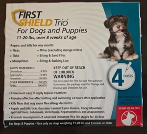 FIRST SHIELD TRIO Flea & Tick Treatment for Dogs 11-20lbs 4 Monthly Doses - Picture 1 of 4