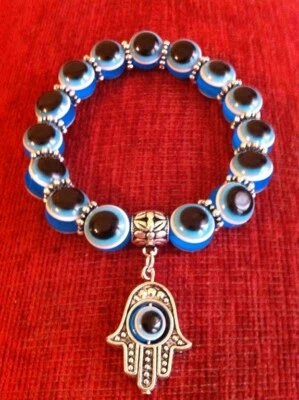 Light Blue Evil Eye Bracelet with Hamsa Hand Handmade - Image 1 of 4