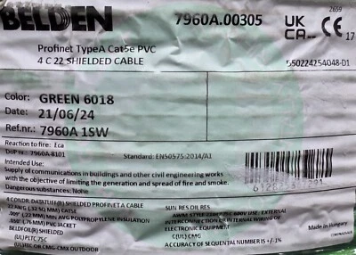 Cable de red Belden 7960A 22/2P DataTuff CAT5e PROFINET tipo A PLTC verde/25 pies Foto 1 de 4