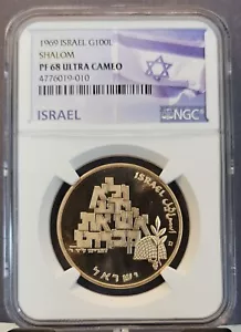 1969 ISRAEL GOLD 100 LIROT SHALOM NGC PF 68 ULTRA CAMEO HIGH GRADE LOW MINTAGE - Picture 1 of 3