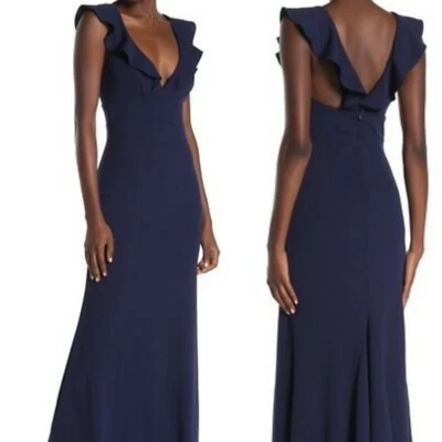 JUMP APPAREL NWT Size M Crepe Ruffle Neck Gown Long Dress Navy Blue Juniors - Image 1 of 3