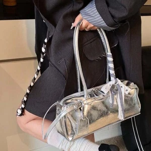 Bow Ribbon Silver PU Shoulder Bag Solid Color Cylinder Underarm Bags School - Picture 1 of 12