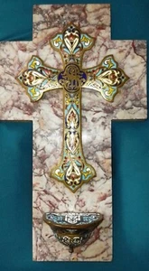 BÉNITIER MURALE/marbre EMAUX CLOISONNÉ/EGLISE,PRÊTRE/H.28 cm - Picture 1 of 8