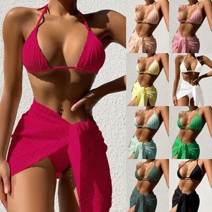 3pcs Halterneck Swimsuit Set Beach Solid Color Sexy Backless Bikini With Mesh Sk - Picture 1 of 11