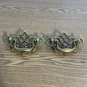2 Vintage Bail Drawer Pulls Lot Brass Color 2.5” Chippendale Style Bat Wings - Picture 1 of 5