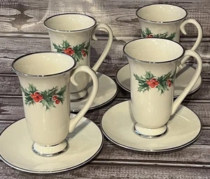 Triomphe Porzellan Tasse Untertasse 4er Set Irish Coffee Cups Untertassen Weihnachten Stechpalme - Bild 1 von 9
