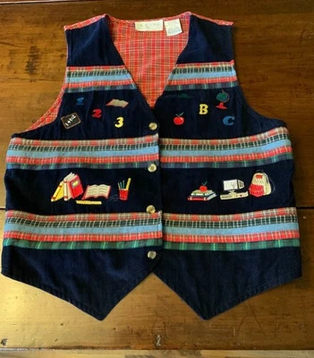 Patchwork Embroidery Teachers Vest. Navy W/ Red Plaid Back  Casual Corner Co Med - Image 1 of 4