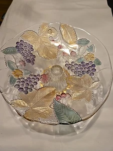 Glass Footed Cake Dish Pedestal Dish Colorful Grape Designs No Chips - Picture 1 of 11