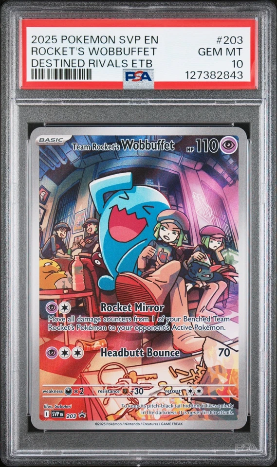 2025 POKEMON SVP EN-SV BLACK STAR PROMO #203 TEAM ROCKET'S WOBBUFFET PSA 10 - Image 1 of 2