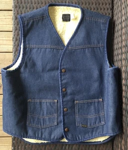 VNTG-NEW Roebucks Denim Vest XL Sherpa Lined Pockets Snap Front USA Sears NOS - Picture 1 of 7