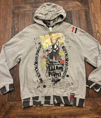 Rare Peace Graphic Zip Up Hoodie Mens XL Distressed Streetwear Unique Design - Image 1 of 4