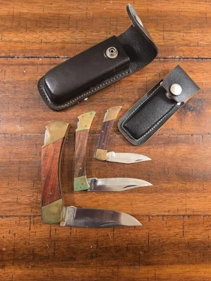 Винтажный Пакистан складной карман ножи дерева и латуни ручки набор из 3 с 2 чехлами - Изображение 1 из 4