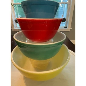 Vintage Pyrex primary colors nesting mixing bowl set approximately 1940s w/sign - Picture 1 of 11