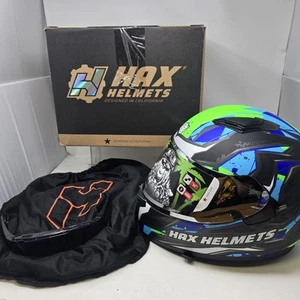 Hax ADULT LARGE Blue Haze Obsidian Blue Green Chrome Motorcycle Helmet - Picture 1 of 18