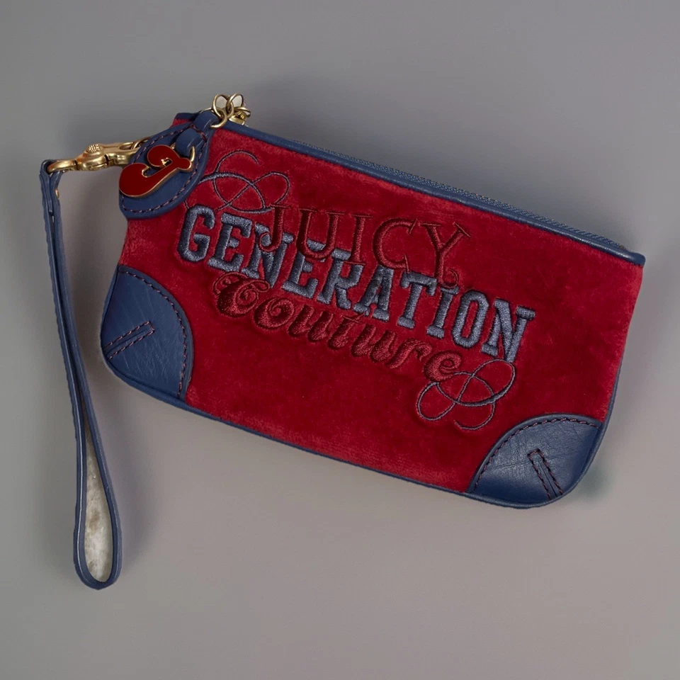 Vtg Juicy Couture Red Velour With Navy Wristlet Wallet Y2K  Rare Charm - Image 1 of 4