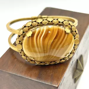 Brazalete Art Deco Ágata Cabujón Abrazadera Pulido Años 40 Piedra Dorado - Imagen 1 de 4