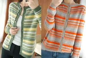 Women Knitted Button Down Linen Wool Cotton Cardigan Long Sleeve Top Sweater - Picture 1 of 8