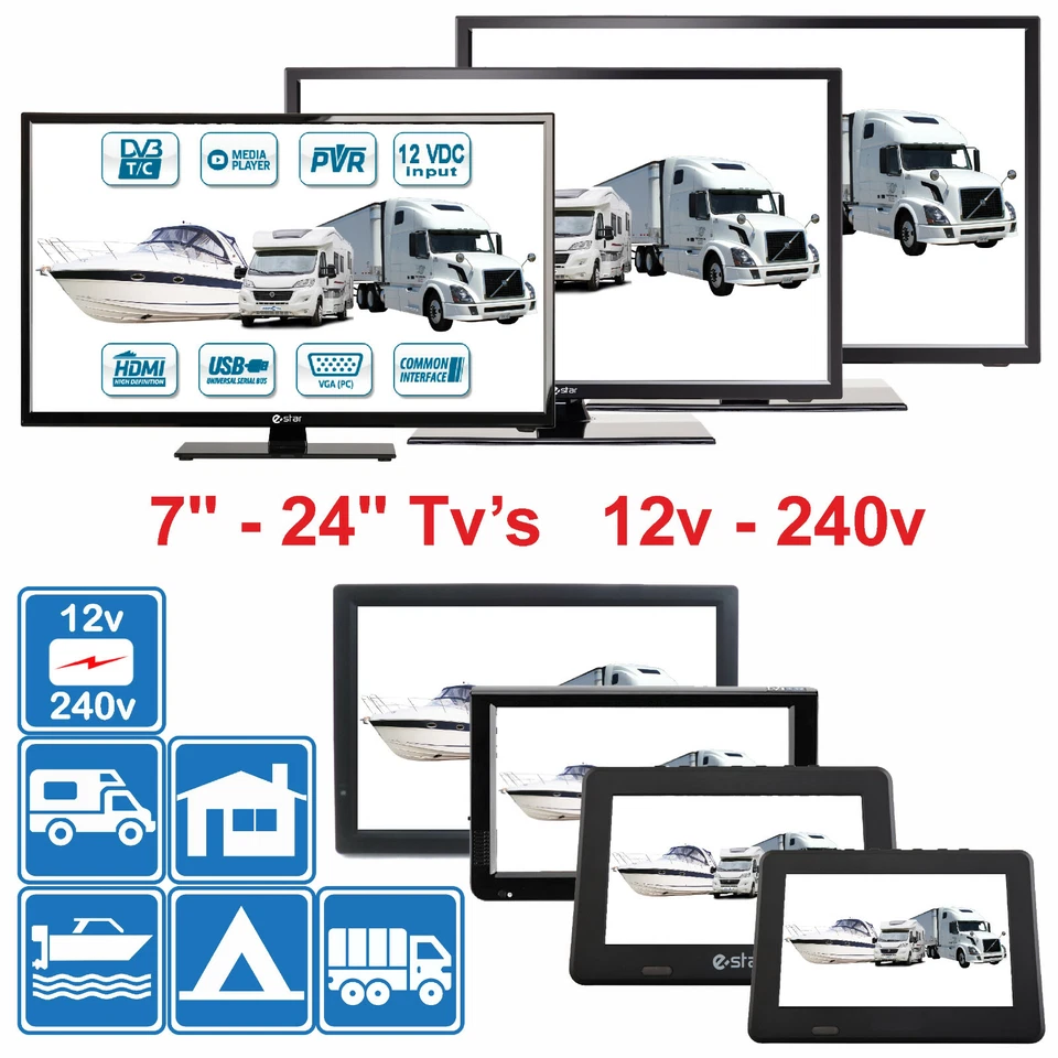 7" - 24" Digital TV 12v 240v para Autocaravana Barco Caravana DVB-T2 Tdt Pvr - Imagen 1 de 1