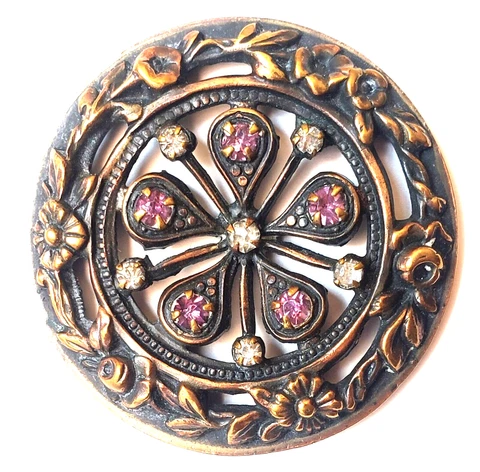 Large Antique Button...Purple & Clear Prong-Set Paste Jewels, Flower Border Cover