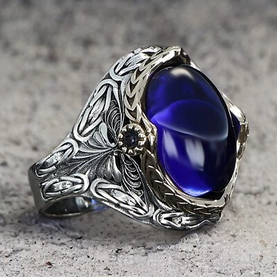 Anillo para hombre de plata de ley 925 joyería piedra circonita azul todas las tallas Foto 1 de 4
